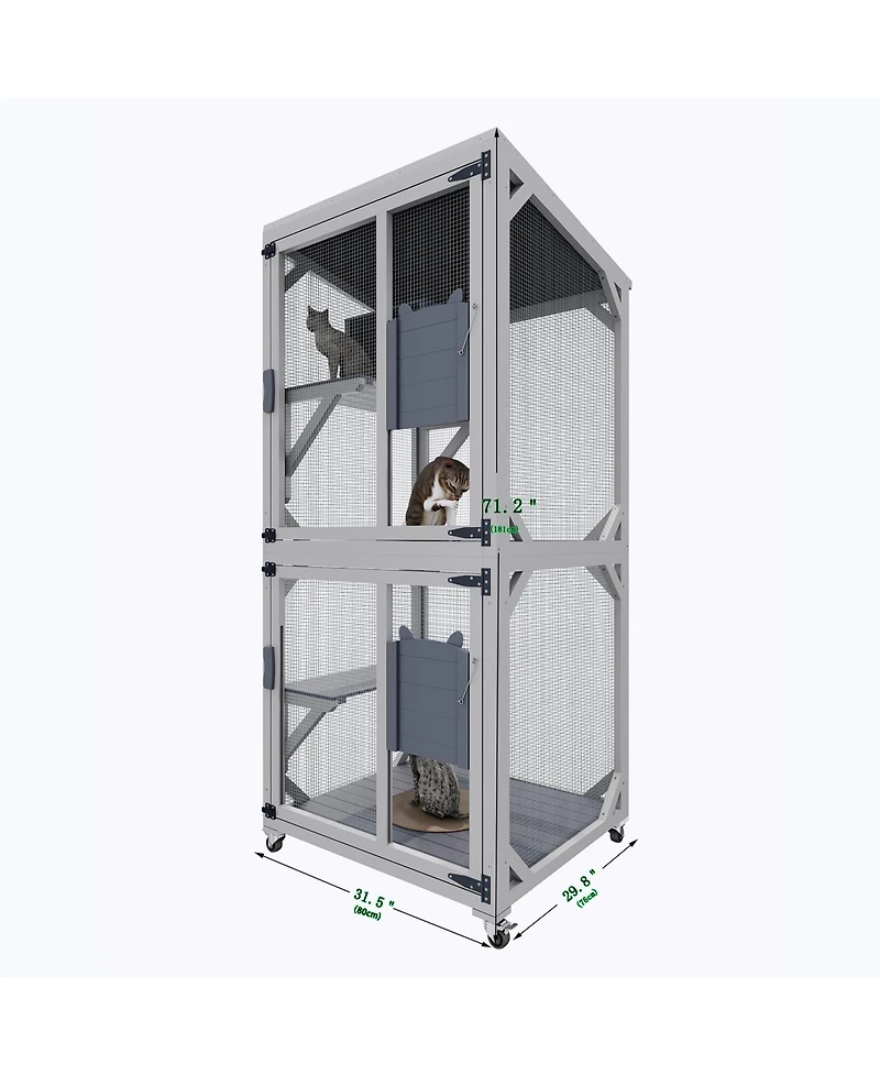 Zeus and Ruta Large Outdoor Cat Enclosure Catio With Wheels Multi Level Wooden Cat House With Platforms Lockable Doors