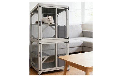 Zeus and Ruta Large Outdoor Cat Enclosure Catio With Wheels Multi Level Wooden Cat House With Platforms Lockable Doors
