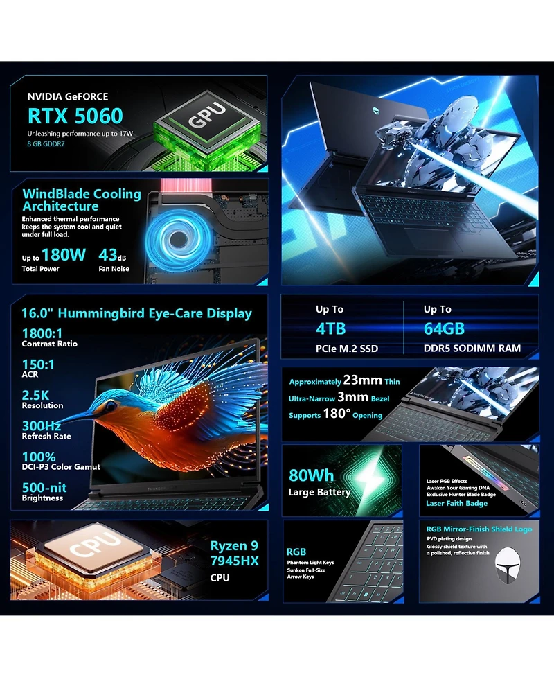 Thunderobot Radiant S 16 Traditional Laptop Amd Ryzen 9 ,16GB Ram Nvidia GeForce Rtx 5060 512GB Ssd Storage Windows 11 Home 300Hz