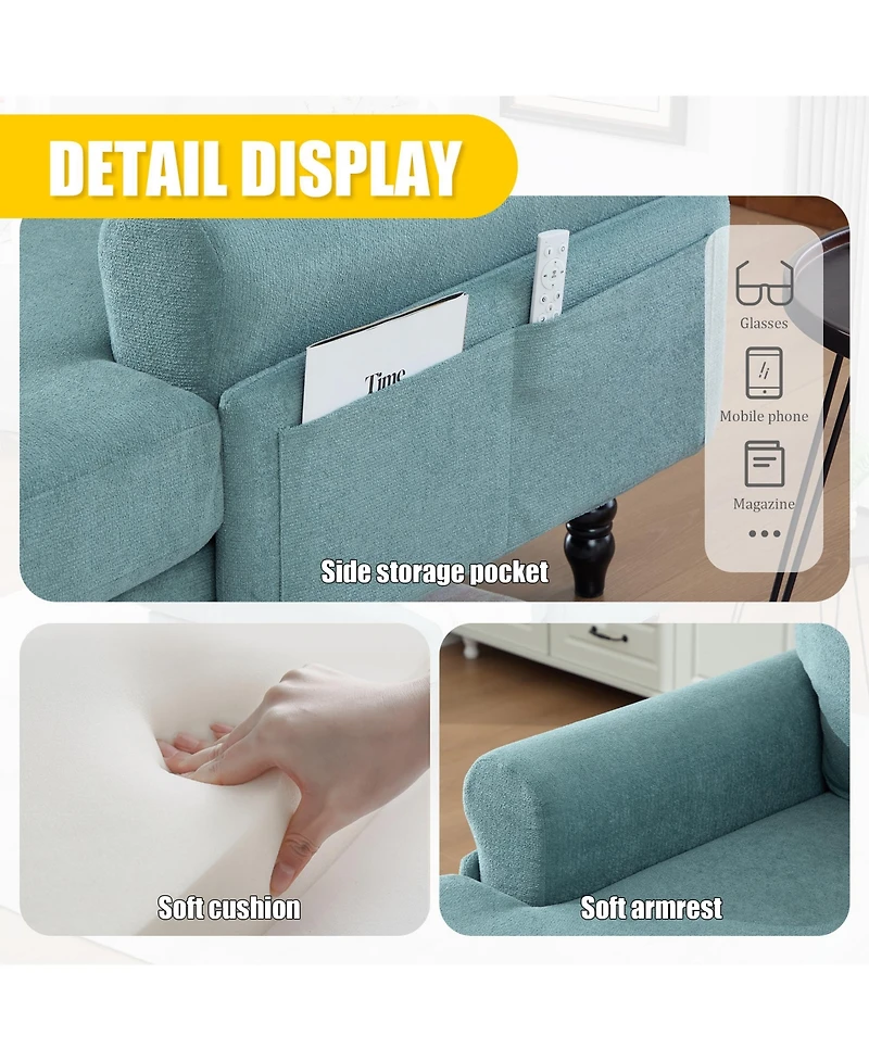 Rainsken Extra Large Chenille Chaise Lounge, Modern Reclining Single Sofa with Wooden Legs and Side Pockets for Living Room, Bedroom