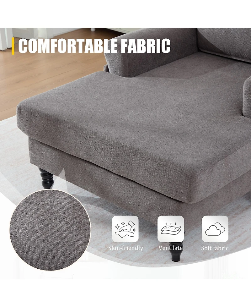 Rainsken Oversized Chenille Chaise Lounge, Leisure Recliner Sofa with Wooden Legs and Side Pockets for Living Room, Bedroom