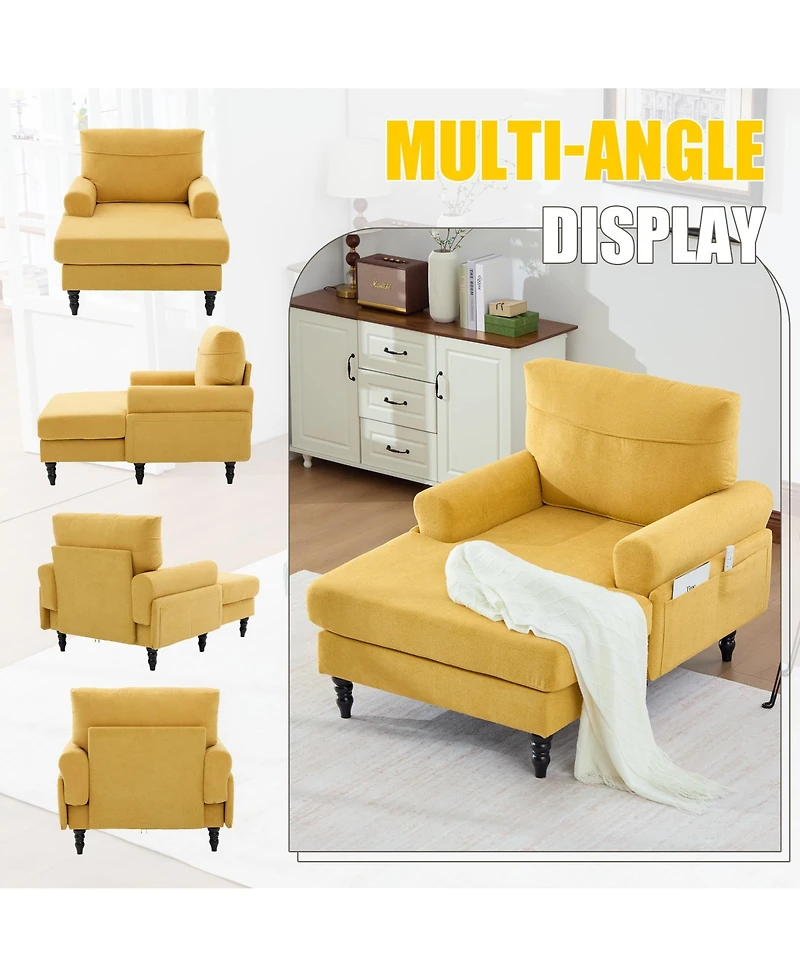 Rainsken Comfortable Chenille Chaise Lounge Chair, Oversized Leisure Recliner Single Sofa with Wood Legs and Side Storage Pockets for Home Use