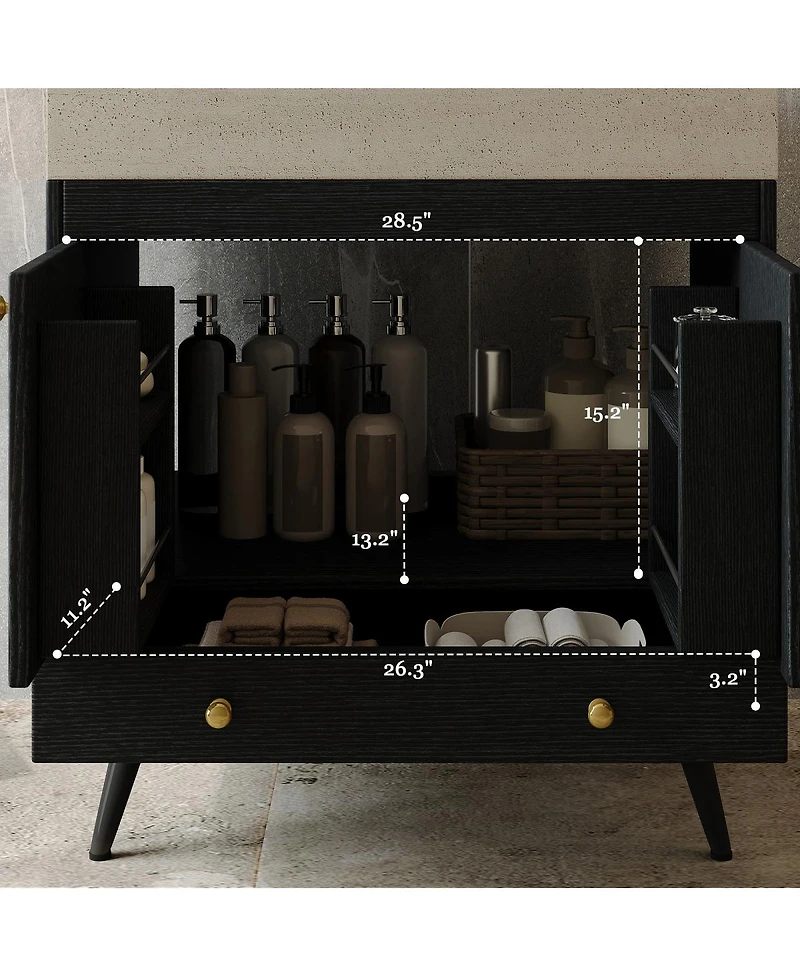 Sillysis 30" Freestanding Bathroom Vanity with Walnut Faux Marble Top, Ceramic Sink, Soft Close Storage for Small Bathrooms