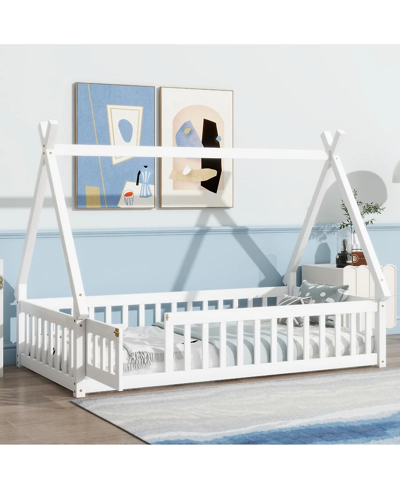 Clihome Twin Tent-shaped Floor Bed,Teepee Bed with Guardrails,Slats and Door