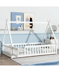 Clihome Twin Tent-shaped Floor Bed,Teepee Bed with Guardrails,Slats and Door