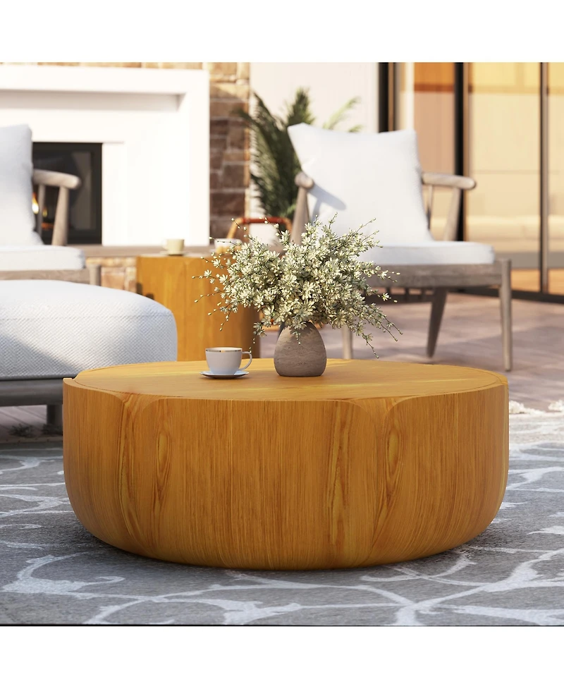 Clihome Outdoor Indoor Coffee Table, Modern Wood Grain Drum Center Table,Backyard, Living Room