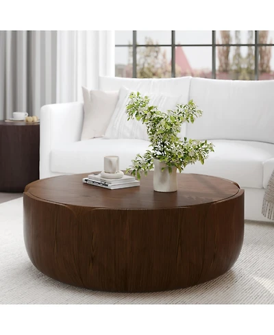 Clihome Outdoor Indoor Coffee Table, Modern Wood Grain Drum Center Table,Backyard, Living Room