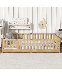 Clihome Full Floor Bed with Fence and Door,Rubber Wood Safety Guardrails