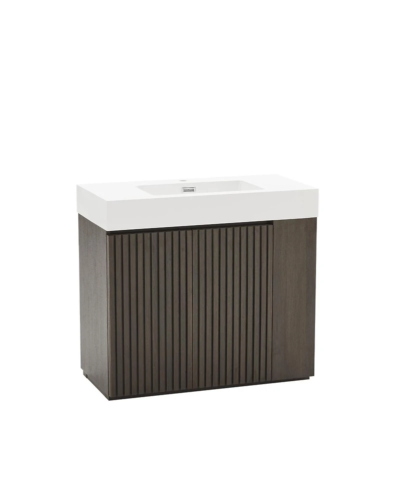 Sillysis Modern Bathroom Vanity with Quartz Sink, Soft-Close Doors, Open Shelf Storage, Winston Walnut Mid-Century Fluted Cabinet