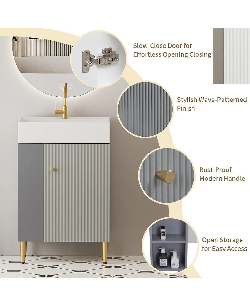 Sillysis Small Bathroom Vanity with Ceramic Sink, Modern Wood Base, Soft Close Door and Open Shelves for Compact Spaces