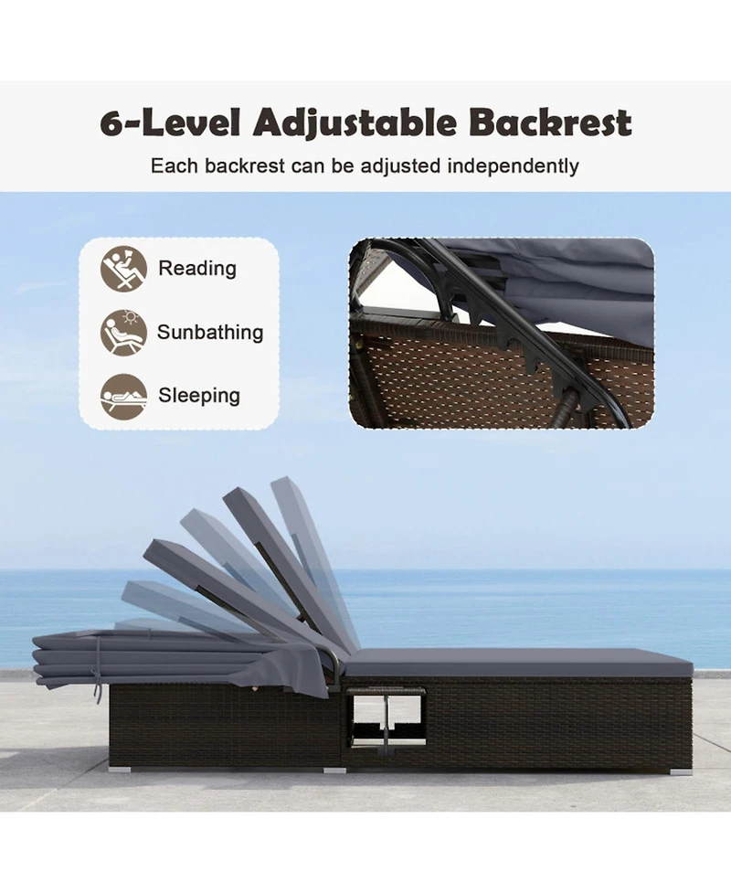 Gouun Double Patio Chaise Lounge with Retractable Canopy and Folding Trays