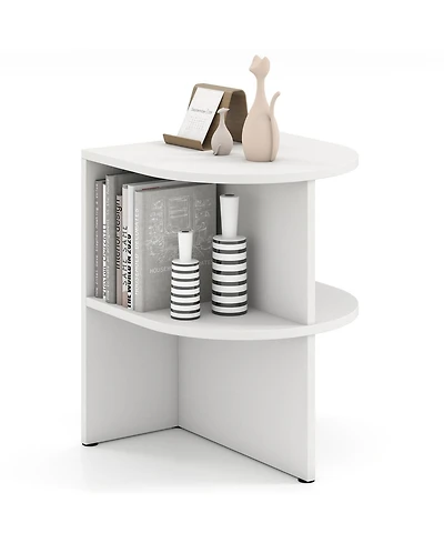 Gymax Half Round Side Table 2-tier Wooden Nightstand with Open Storage Shelves