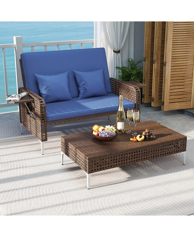 Gouun 2-Piece Patio Rattan Daybed with Adjustable Backrest and Storage Ottoman