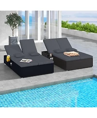 Gouun Double Patio Chaise Lounge with 6-Position Backrests and Folding Trays