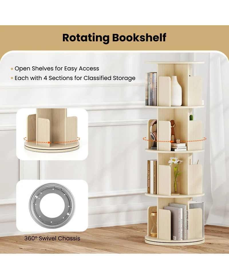 Gouun 4-Tier Rotating Bookshelf with 360-Degree Swivel Base