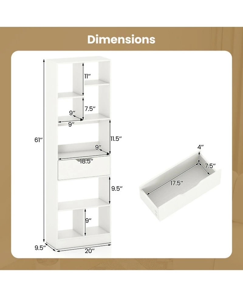 Gouun 61-Inch Tall 8-Cube Bookcase with Drawer