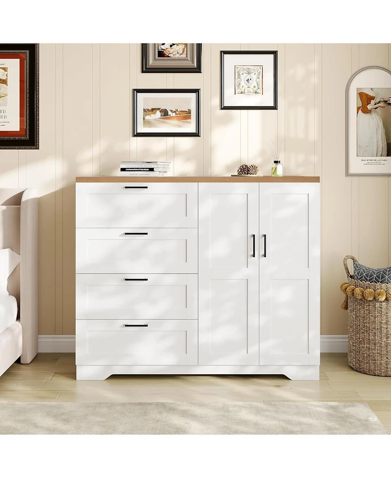 gaomon 43.3'' H Armoire Wardrobe Closet with 4 Drawers and 2 Doors, Hanging Rod, Multifunctional Wooden Dresser with Storage Closet