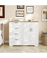 gaomon 43.3'' H Armoire Wardrobe Closet with 4 Drawers and 2 Doors, Hanging Rod, Multifunctional Wooden Dresser with Storage Closet