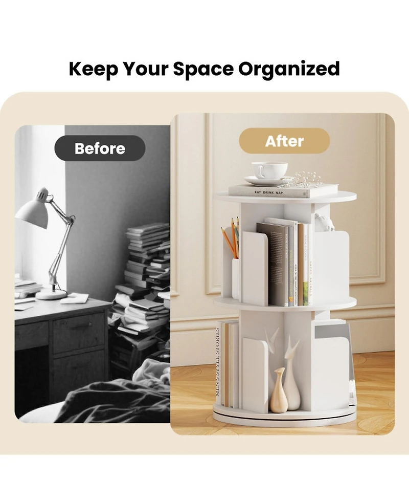 Gouun 2-Tier Rotating Bookshelf with Dividers and Swivel Base