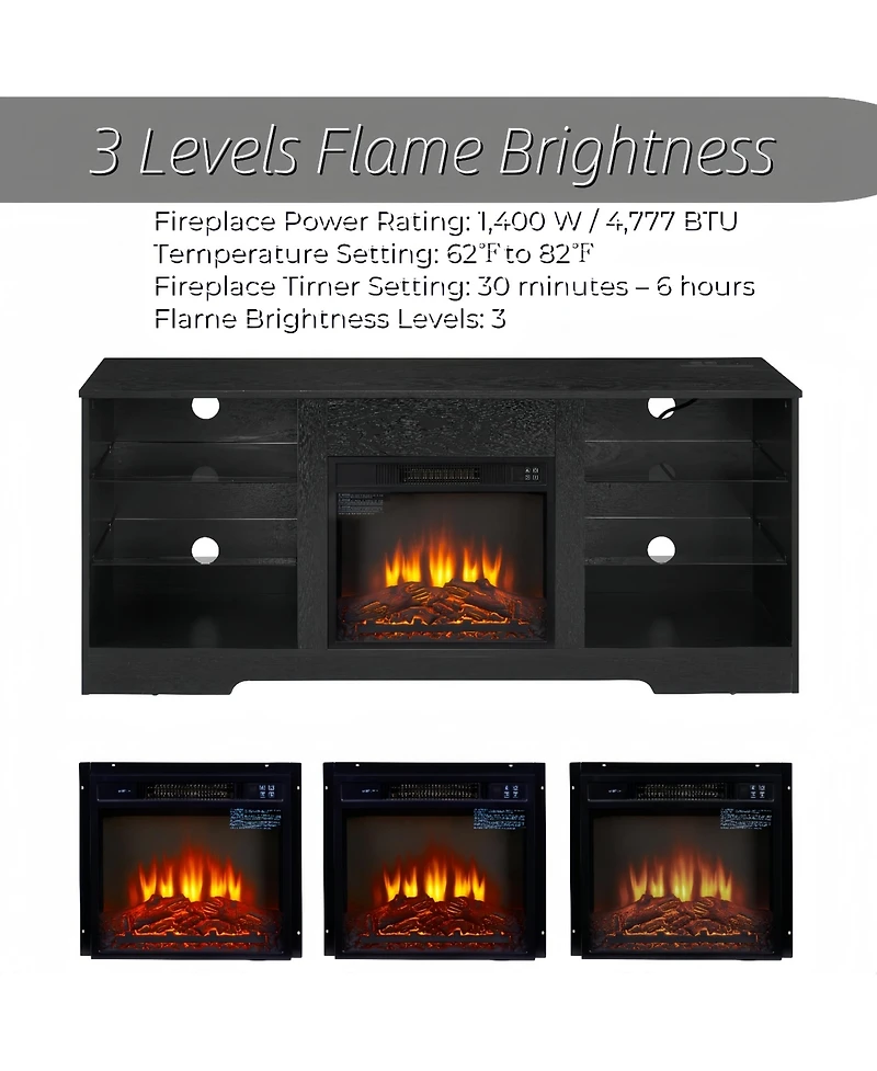 Rainsken 58" Electric Fireplace Tv Stand, Led Media Console for 32-62 Inch TVs with Usb Charging Port, Modern Entertainment Center for Living Roo