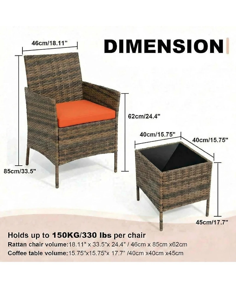 gaomon 3-Piece Rattan Conversation Set with Tempered Glass Table