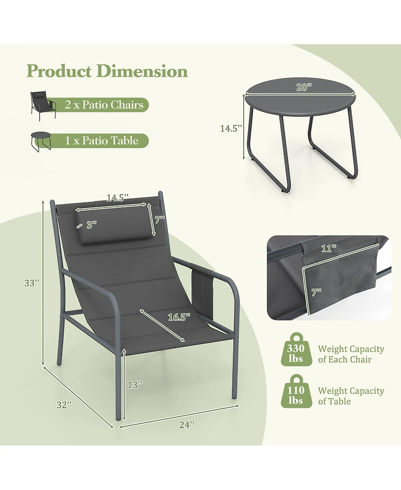 Gymax 3 Piece Patio Set Outdoor Table and Chairs Bistro Set Small Front Porch Balcony Furniture