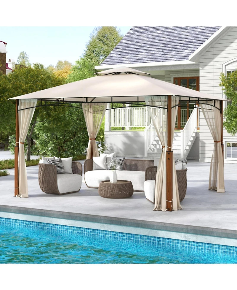 Gouun 12 x 10 ft Outdoor Patio Gazebo with Mesh Netting Two-Tier Vented Roof and Stakes