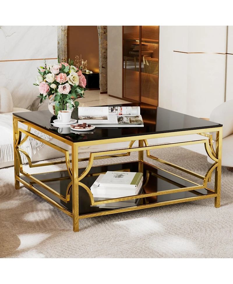 Rainsken Square Glass Coffee Table, Modern 2-Tier Center, Luxurious Geometric Metal Frame for Living Room