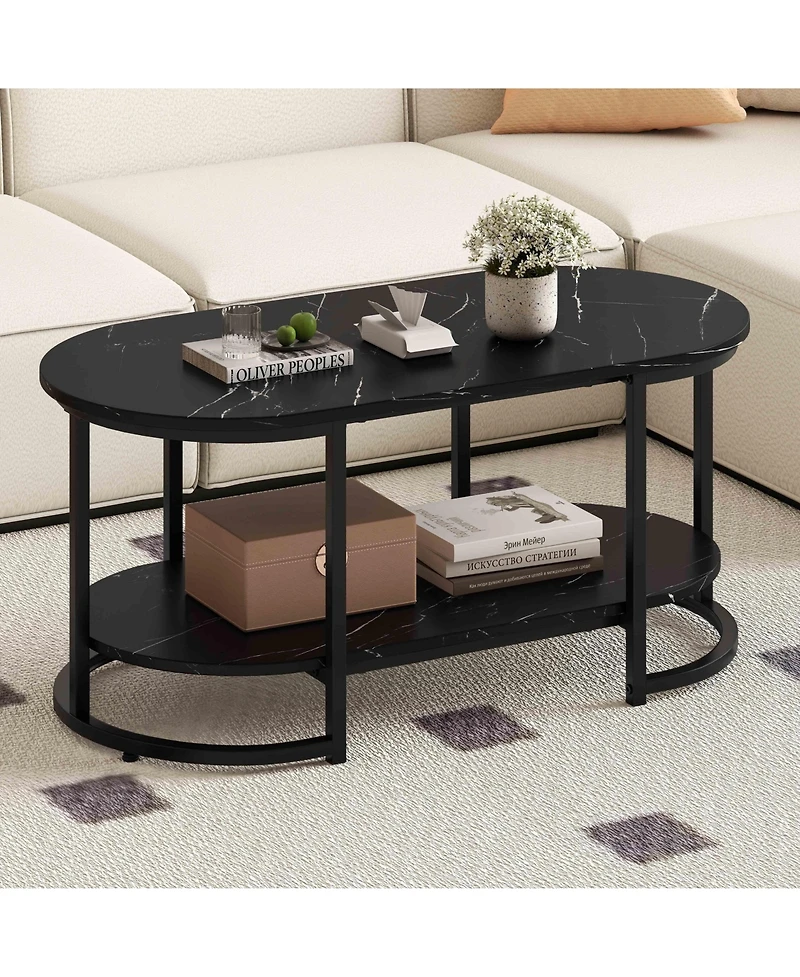 Slickblue Marble Coffee Table with Open Storage Shelf-White