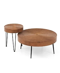 Slickblue Set of 2 Solid Wood Farmhouse Round Coffee Tables Ring Design