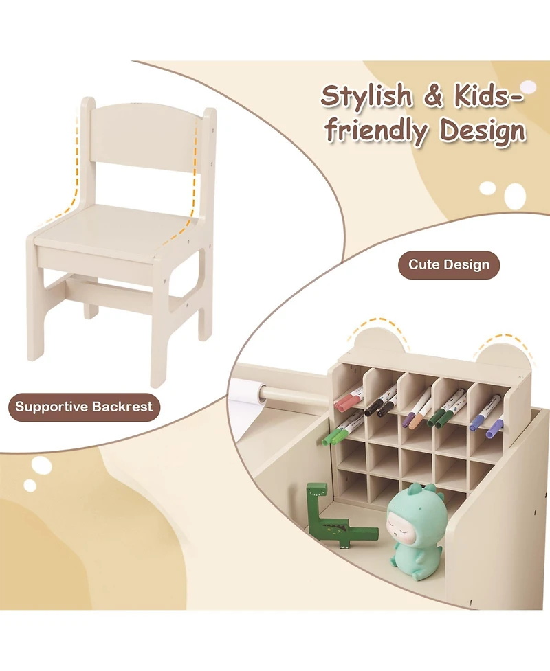 Sugift Kids Art Table and Chair Set with Paper Roll Holder Cabinet