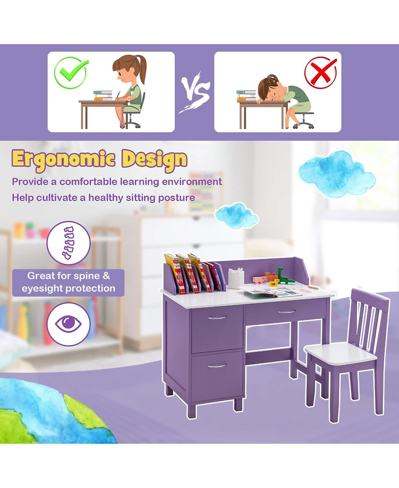 Sugift Kids Wooden Writing Desk Set with Drawer and Storage Cabinet