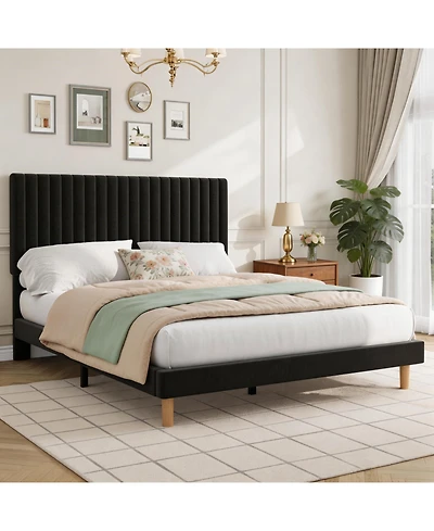Homfan Velvet Bed Frame, Vertical Channel Tufted Headboard, Height Adjustable, Upholstered Platform Bed