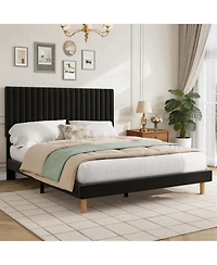 Homfan Velvet Bed Frame, Vertical Channel Tufted Headboard, Height Adjustable, Upholstered Platform Bed
