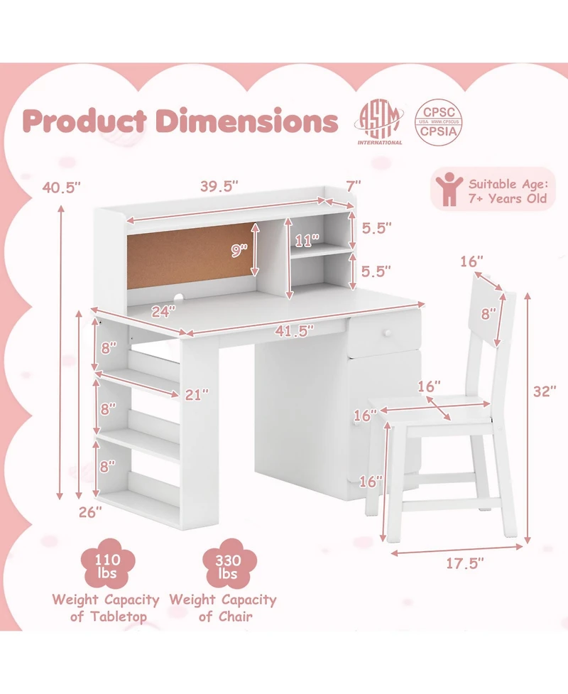 Sugift Kids Desk and Chair Set with Hutch and Side Storage Shelf