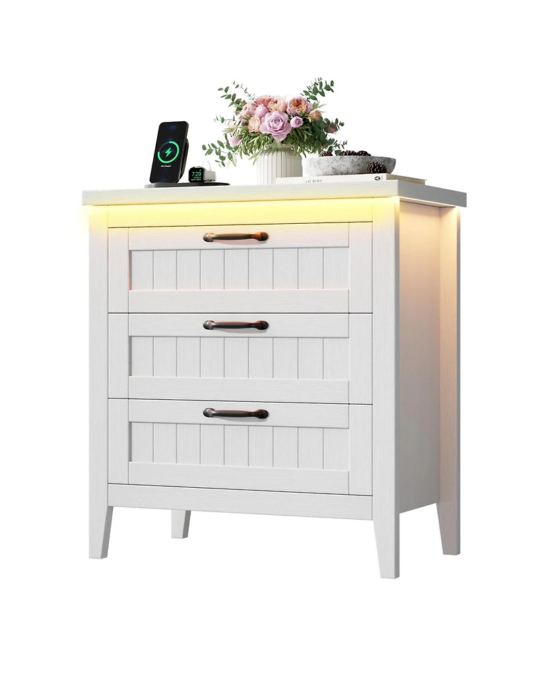 gaomon Farmhouse Drawer Dresser with Charging Station and Led Lights