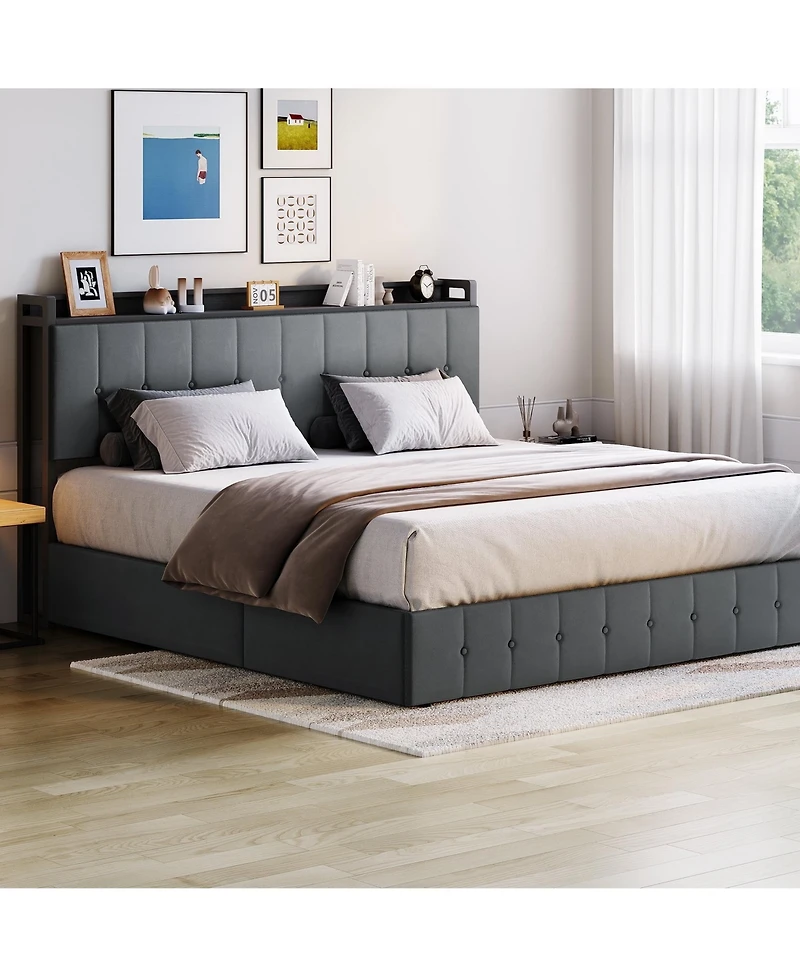 Homfan Lift Up Bed Frame, Upholstered Bed with Button Tufted Wingback Storage Headboard, Hydraulic Storage, No Box Spring Needed