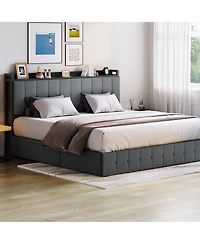 Homfan Lift Up Bed Frame, Upholstered Bed with Button Tufted Wingback Storage Headboard, Hydraulic Storage, No Box Spring Needed