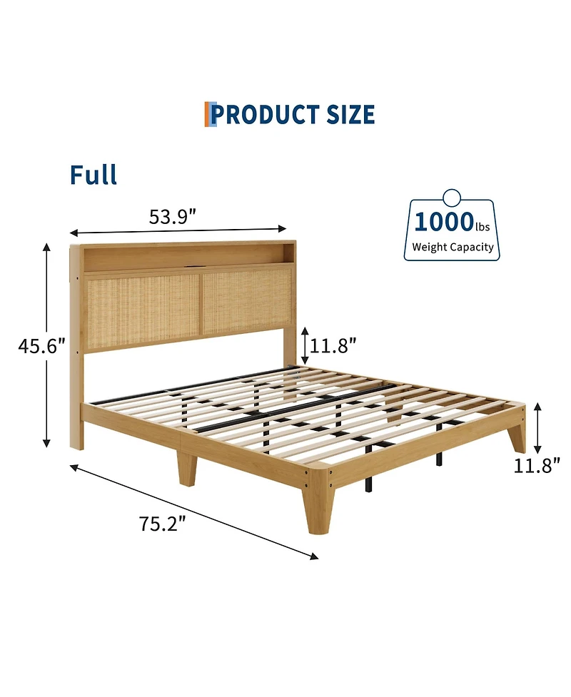 Homfan Bed Frame with Rattan Headboard ,Bohemian Bed Frame with Led Lights and Charging Station