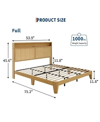 Homfan Bed Frame with Rattan Headboard ,Bohemian Bed Frame with Led Lights and Charging Station