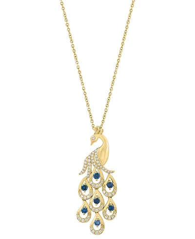 Effy Collection White Diamond (1/3 ct. t.w.) and Blue Diamond (1/3 ct. t.w.) Peacock Pendant Necklace in 14k Yellow Gold