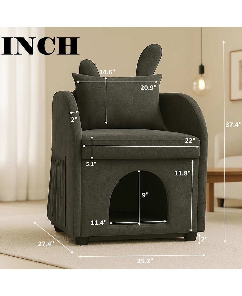 Zeus & Ruta Dark Bunny-Ear Cat Armchair Scratch-Resistant Fabric Built-in Hideaway Dual-Use Sofa with Side Pocket