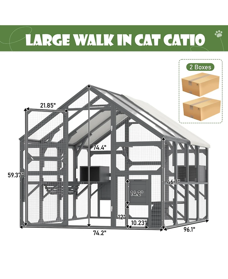 Zeus & Ruta Large Outdoor Cat Enclosure Wooden Shelter 7 Platforms 2 Resting Boxes 2 Bridges Waterproof Uv Proof Canopy