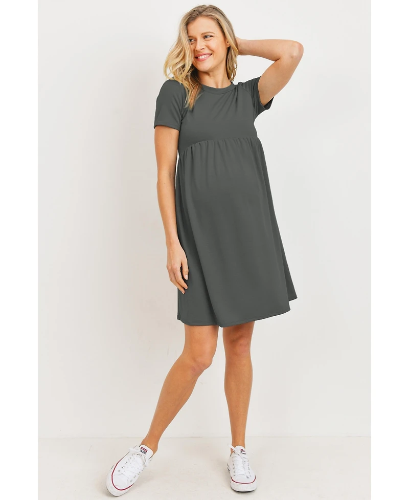 Hello Miz Maternity Crew Neck Empire Waist Mini T-Shirt Dress with Pockets