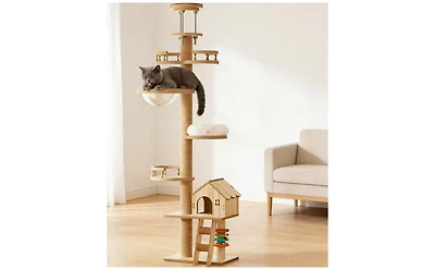 Zeus & Ruta Floor to Ceiling Cat Tree Adjustable Height Wood Tower with Scratching Post Condo Cave Bed Hammock