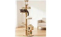 Zeus & Ruta Floor to Ceiling Cat Tree Adjustable Height Wood Tower with Scratching Post Condo Cave Bed Hammock
