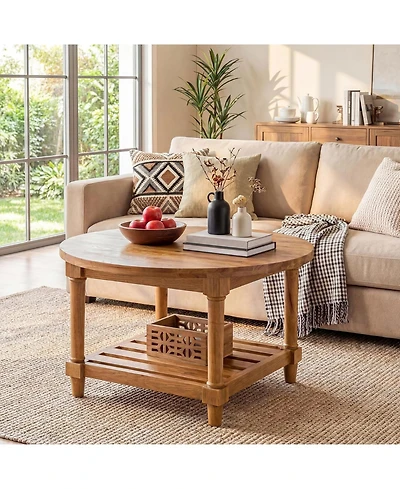 Tribesigns Round Coffee Table, 31.5" Farmhouse Solid Wood Center Table with Storage, 2-Tier Circle Accent Table