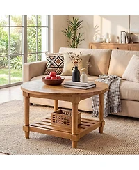 Tribesigns Round Coffee Table, 31.5" Farmhouse Solid Wood Center Table with Storage, 2-Tier Circle Accent Table