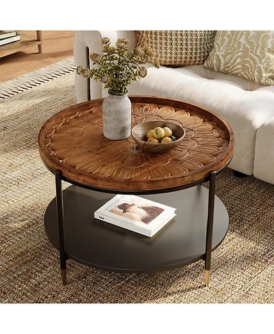 Tribesigns Solid Wood Round Coffee Table, 31.5-Inch Boho Center Tea Table with Metal Storage Frame and Carved Floral Pattern