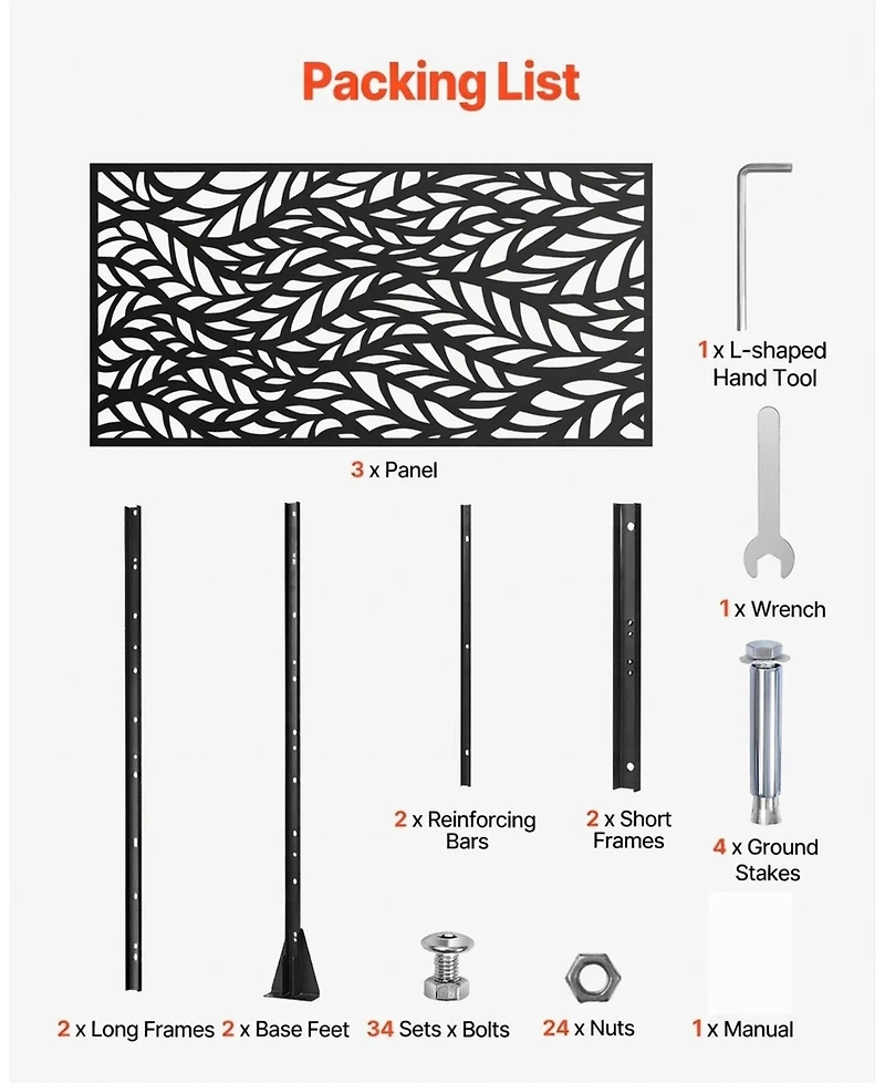 Sugift Metal Privacy Screen, 47" x 72", Freestanding 3-Panel Garden Divider